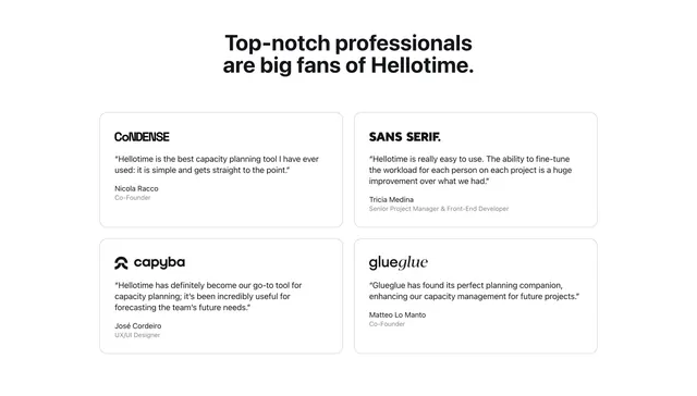 Hellotime 2x2 logo-led testimonials, light-mode, minimal, light