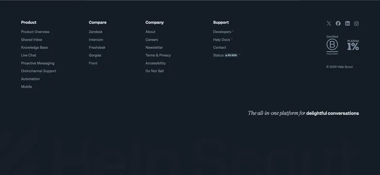 Help Scout footer with B Corp marks, dark-mode, minimal, dark
