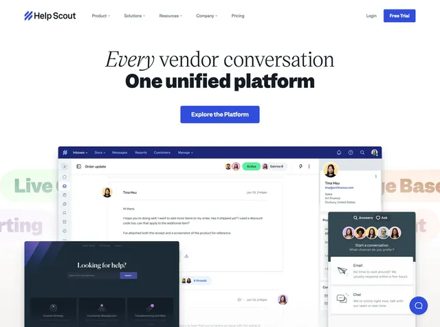Help Scout unified platform hero with UI stack, light-mode, minimal, light