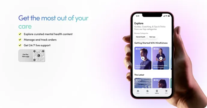 Hers app download split CTA, minimal, light-mode, light