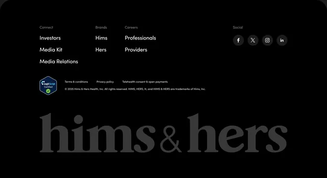 Hims and Hers corporate links footer, minimal, dark-mode, dark