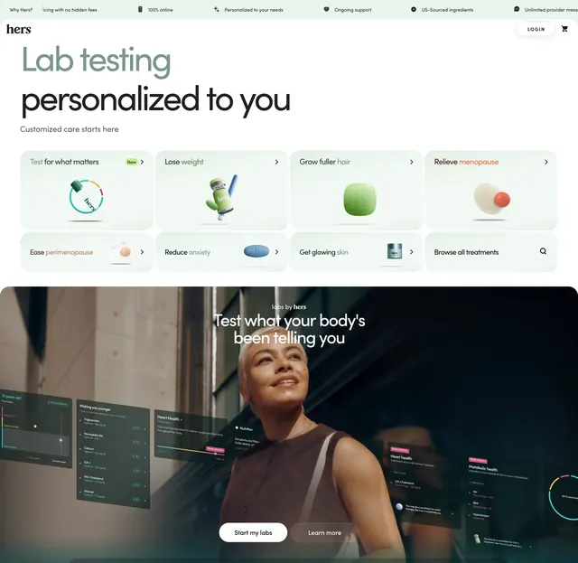 Hers Labs category grid and hero, minimal, light-mode, light
