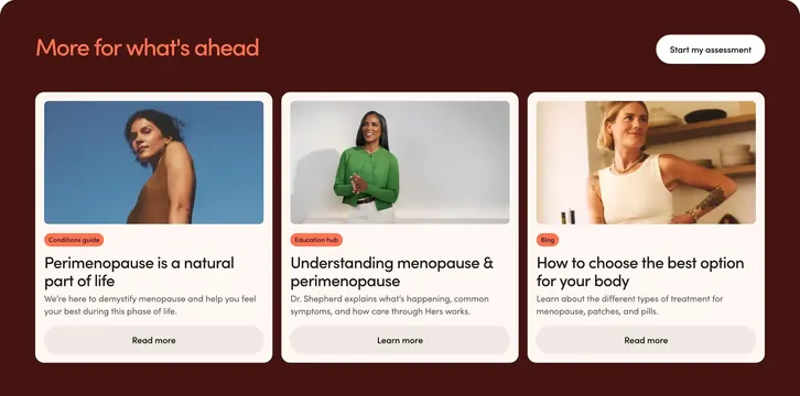 Hers menopause education card row, editorial, minimal, dark