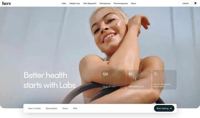 Hers Labs photo hero with glass stats, minimal, light-mode, light