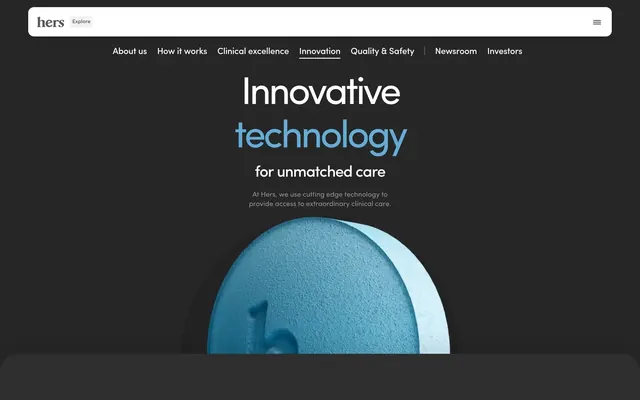 Hers Innovative technology pill hero, dark-mode, minimal, dark