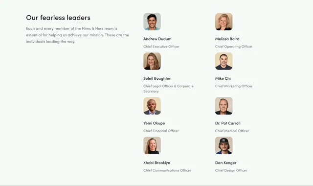 Hims and Hers leadership team grid, minimal, light-mode, light