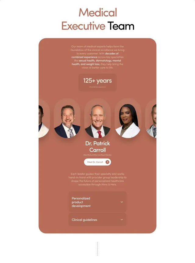 Hers Medical Executive Team carousel, editorial, minimal, warm