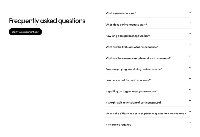 Hers perimenopause split FAQ with CTA, minimal, light-mode, light