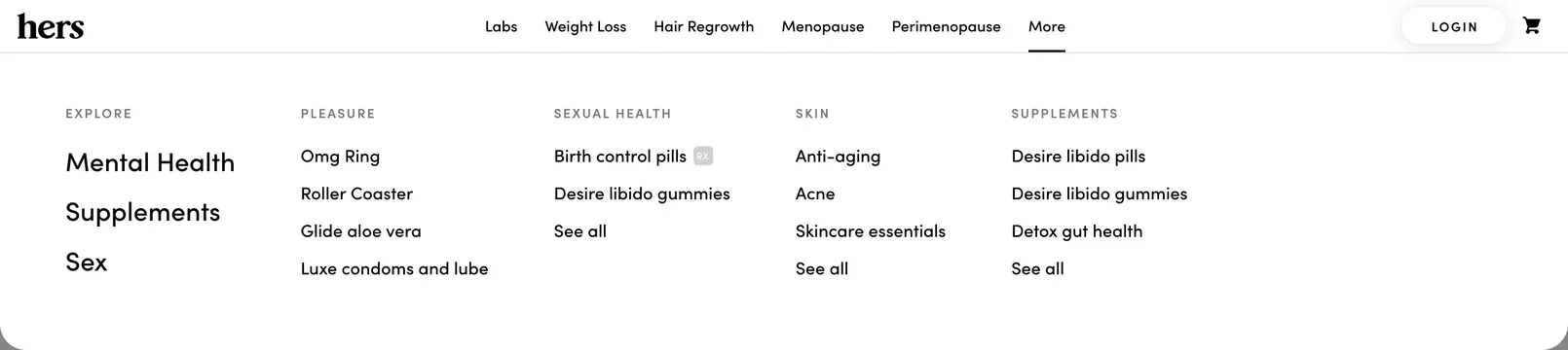 Hers More mega menu dropdown, minimal, light-mode, light