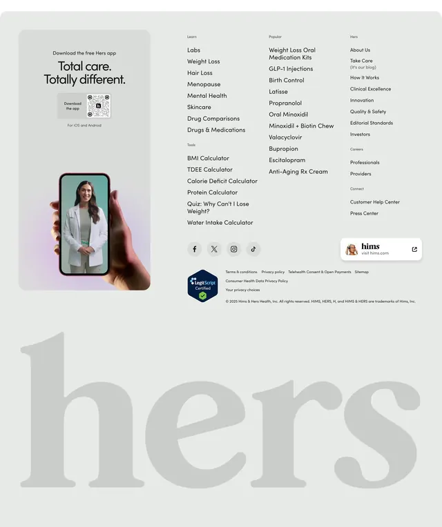Hers comprehensive site footer, minimal, light-mode, light