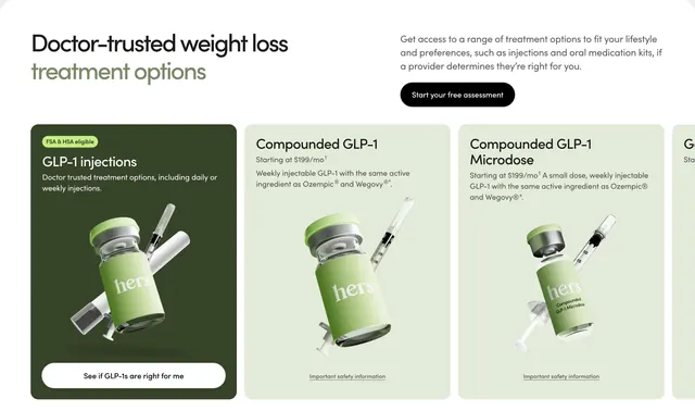 Hers GLP-1 treatment options carousel, minimal, light-mode, light