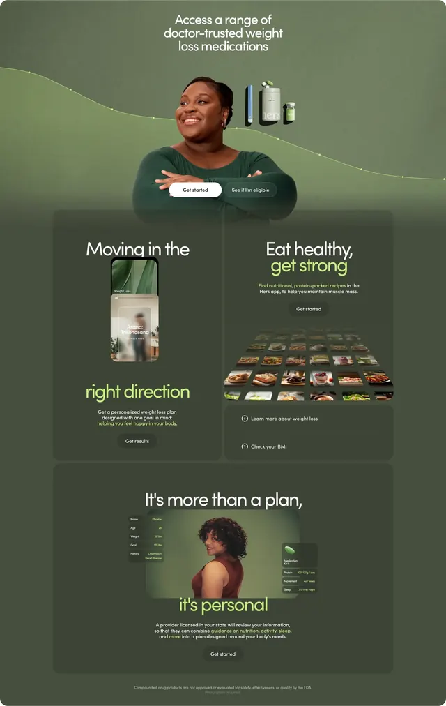 Hers weight loss services bento stack, minimal, dark-mode, dark