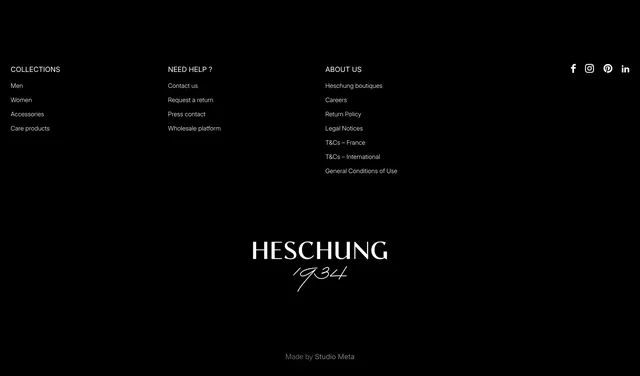 Heschung black footer with serif logo, minimal, dark-mode, dark