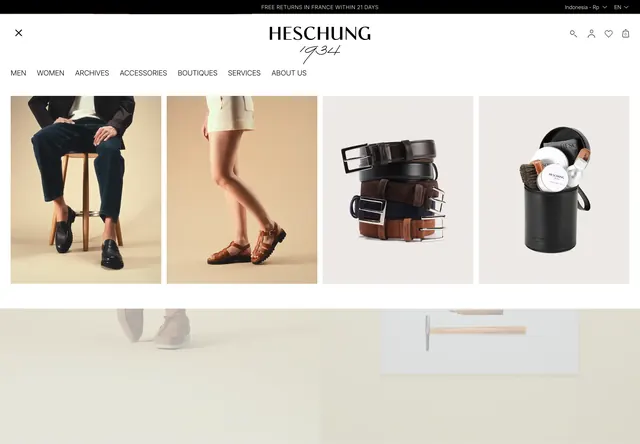 Heschung product gallery with navigation header, minimal, editorial, light