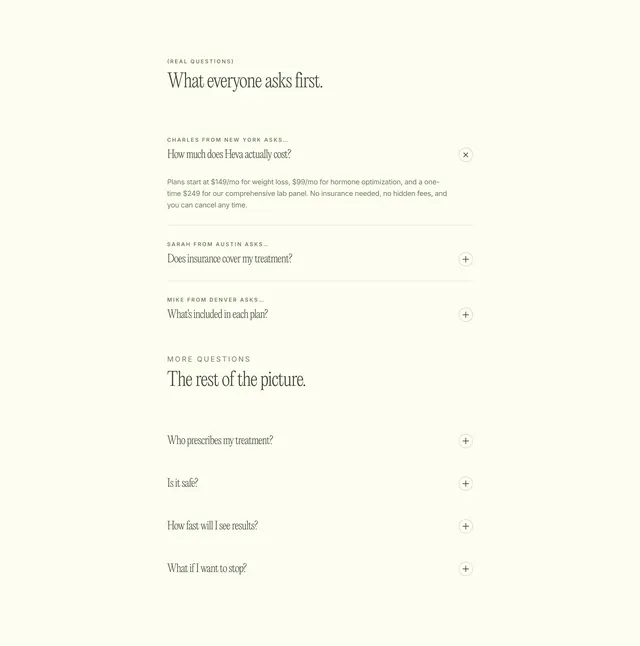 Heva personalized FAQ accordion, minimal, editorial, light