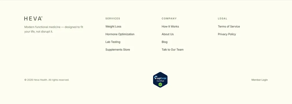 Heva company navigation footer, minimal, corporate-clean, light