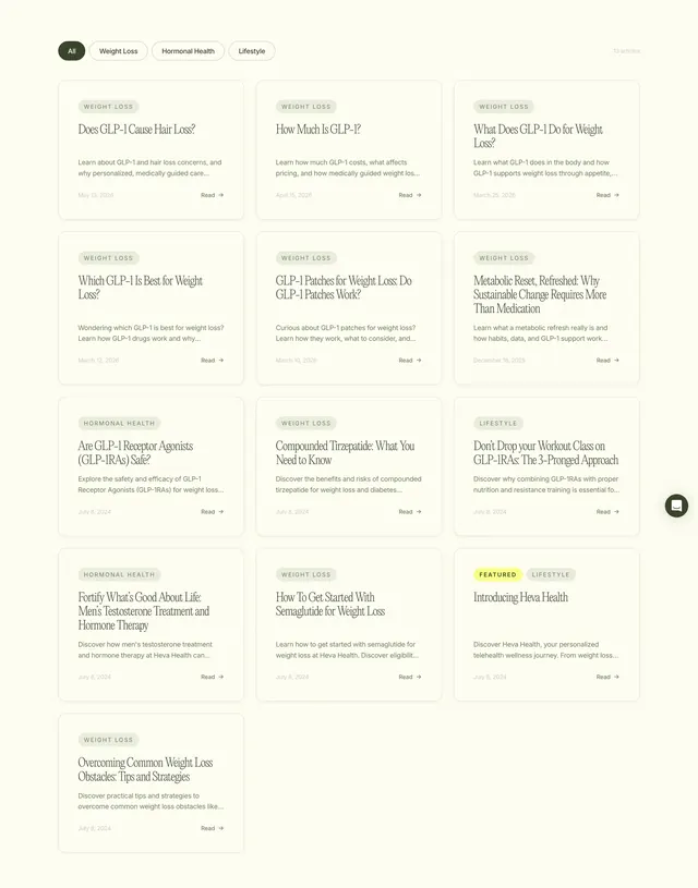 Heva health resources article grid, minimal, editorial, light
