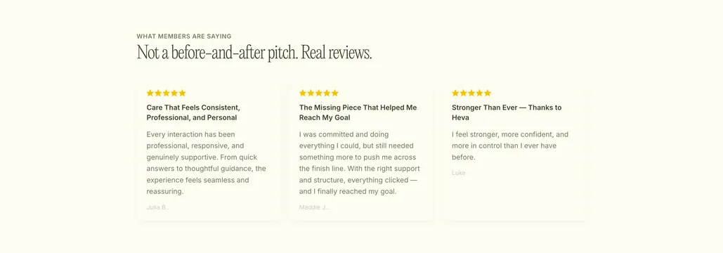 Heva member testimonial cards, minimal, editorial, light