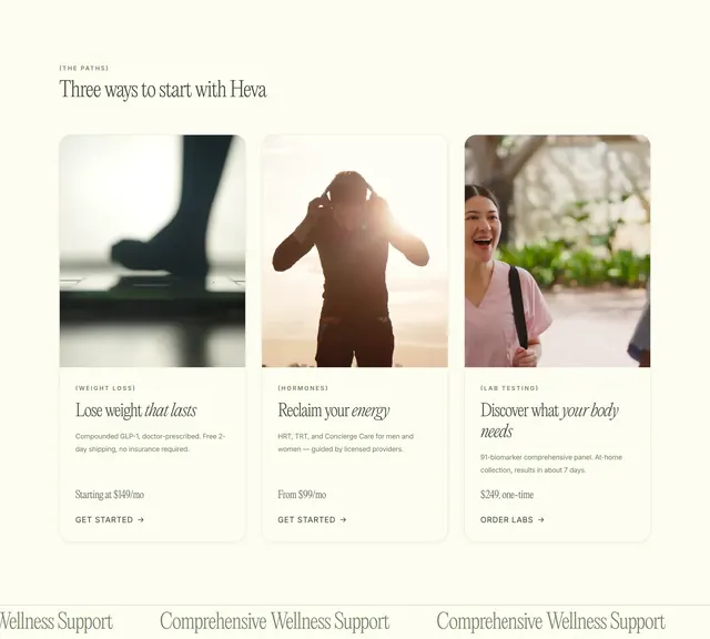Heva three offerings feature cards, minimal, editorial, light