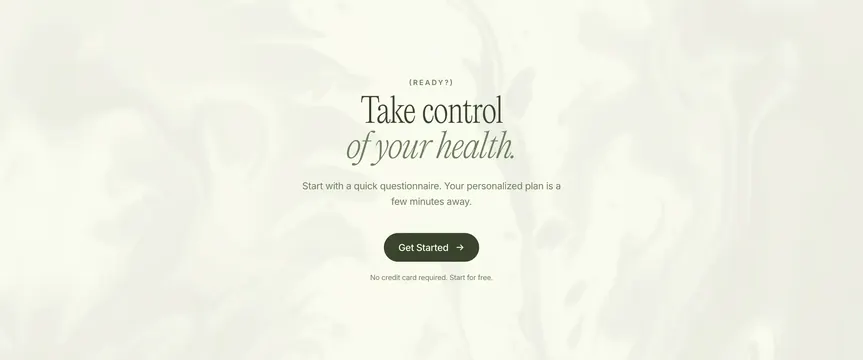 Heva health onboarding CTA, minimal, editorial, light
