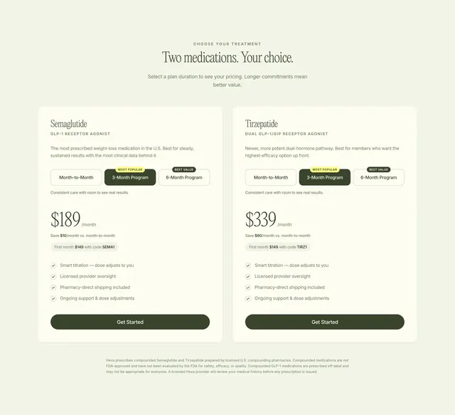 Heva GLP-1 treatment pricing cards, minimal, editorial, light