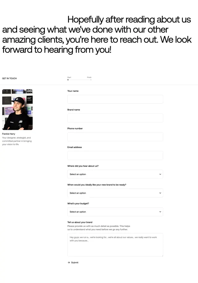 Highful Minds get in touch inquiry form, minimal, corporate-clean, light