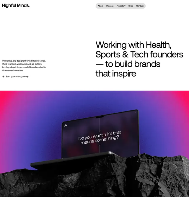 Highful Minds founder introduction hero, minimal, editorial, light