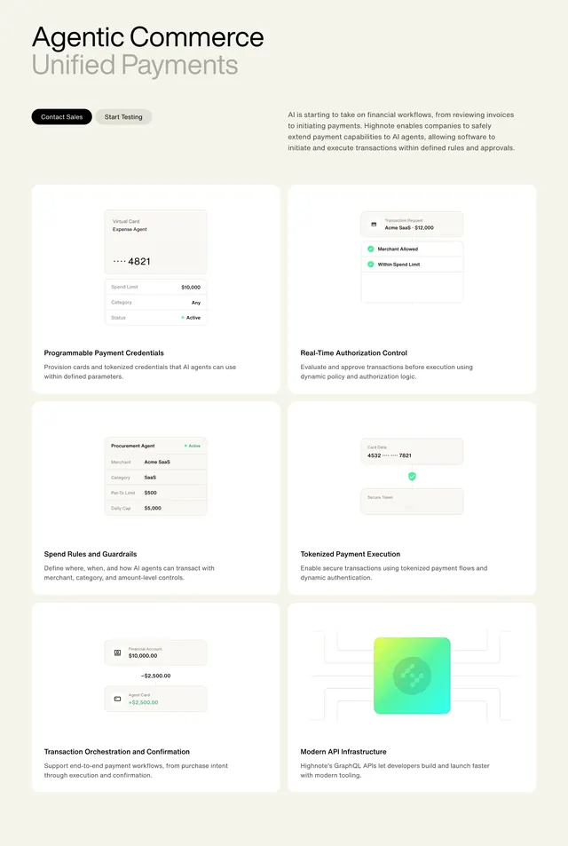 Highnote agentic commerce unified payments, minimal, corporate-clean, light