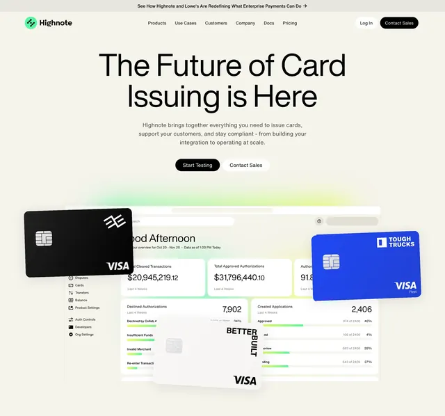 Highnote card issuing hero, minimal, corporate-clean, light