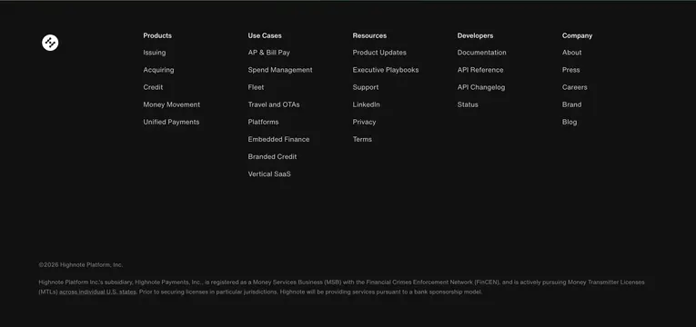 Highnote corporate footer, minimal, corporate-clean, dark