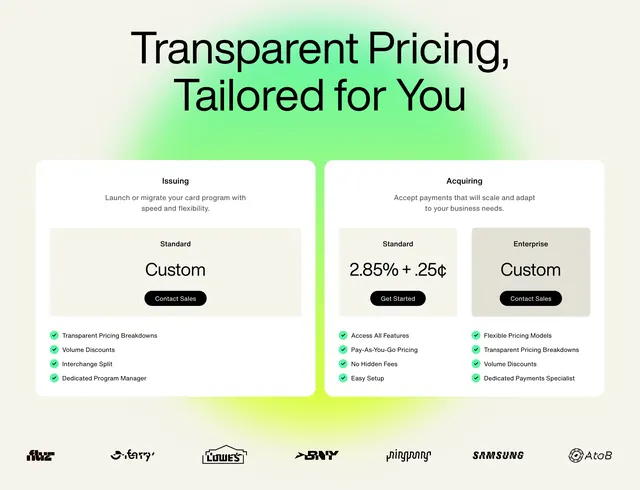 Highnote transparent pricing cards, minimal, corporate-clean, light
