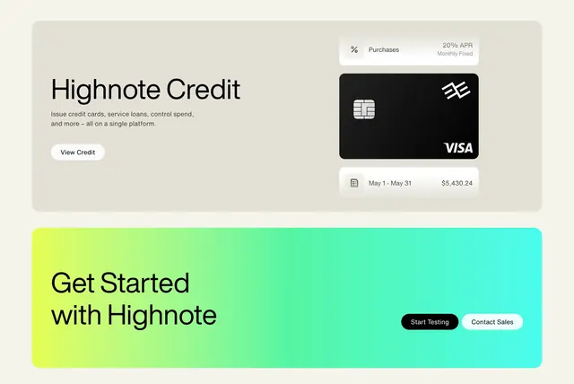 Highnote credit product feature with gradient CTA, light-mode, minimal, light