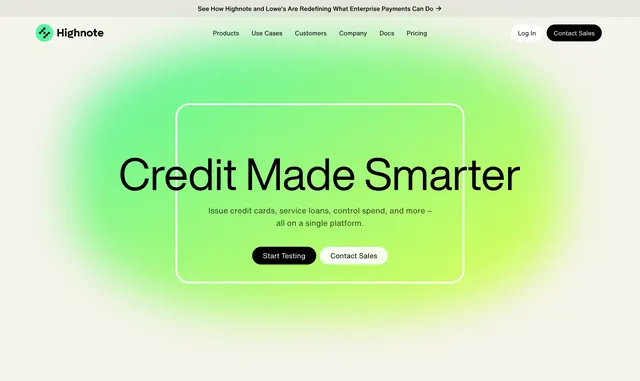 Highnote credit platform hero, minimal, corporate-clean, light