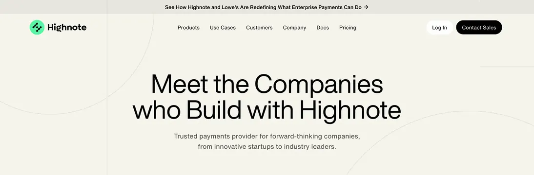 Highnote customers page hero header, minimal, corporate-clean, light