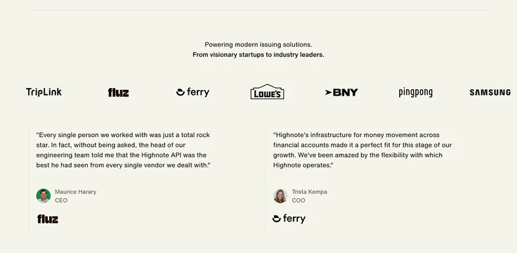 Highnote customer testimonial and logo section, minimal, corporate-clean, light