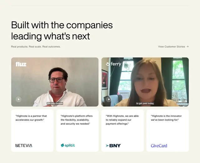 Highnote customer testimonial grid with video, minimal, light-mode, light