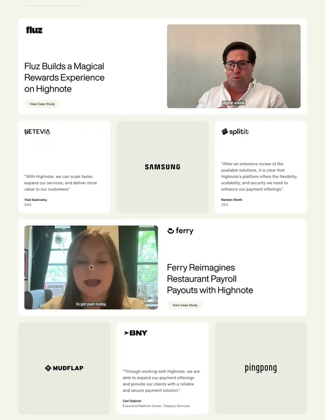Highnote masonry customer story grid, minimal, light-mode, light