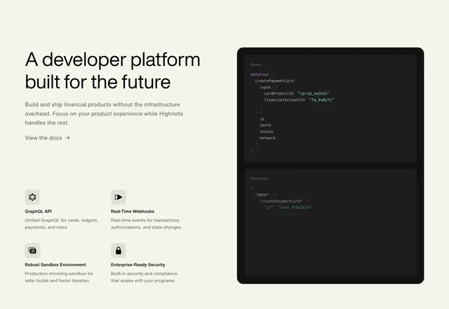 Highnote developer platform split feature, minimal, light-mode, light