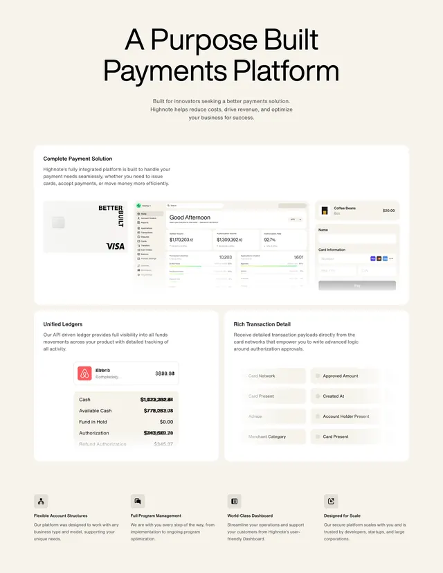 Highnote bento payments feature block, light-mode, minimal, light