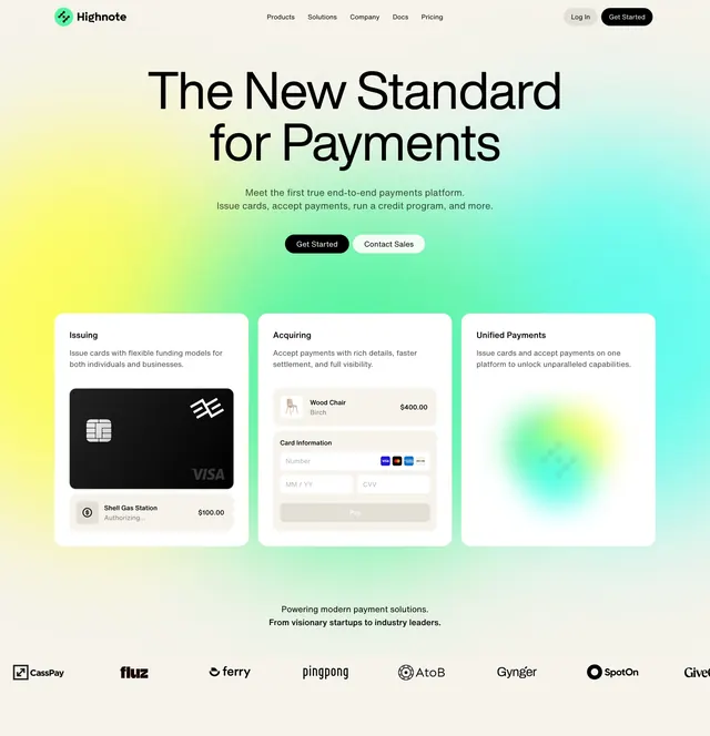 Highnote rainbow-gradient payments hero, light-mode, gradient-heavy, light