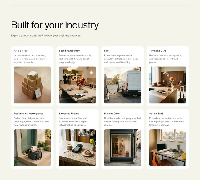 Highnote eight-card industry solutions grid, minimal, light-mode, light