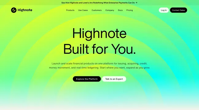Highnote platform hero with radial arcs, minimal, gradient-heavy, light