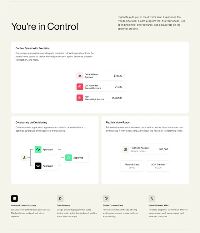 Highnote spend control bento features, minimal, light-mode, light