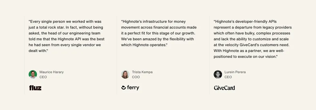 Highnote 3-column borderless testimonials, light-mode, minimal, light