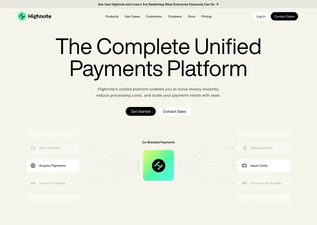 Highnote unified payments hub diagram hero, minimal, light-mode, light