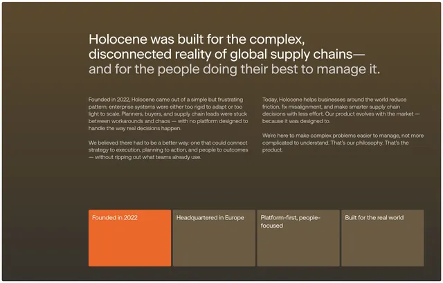 Holocene dark about with fact cards, minimal, dark-mode, dark