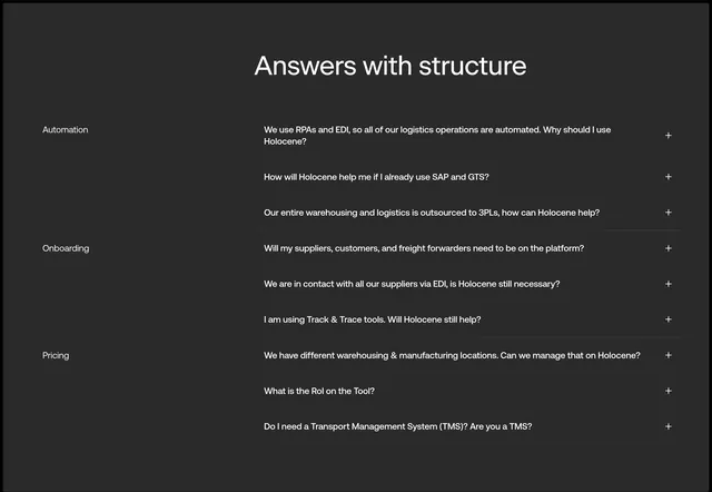 Holocene categorized dark FAQ accordion, minimal, dark-mode, dark
