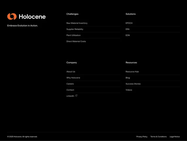 Holocene dark multi-column footer, minimal, dark-mode, dark