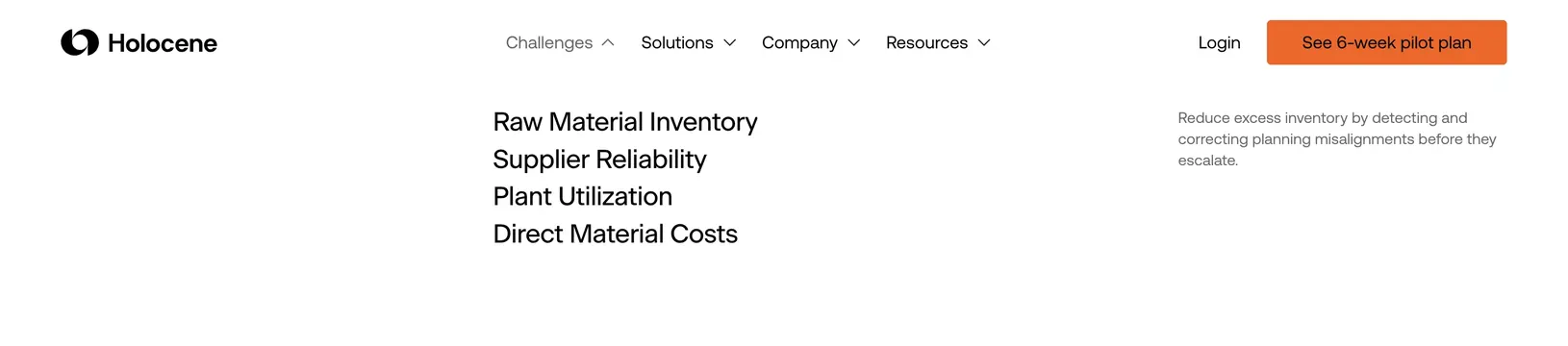 Holocene mega menu navbar open state, minimal, light-mode, light