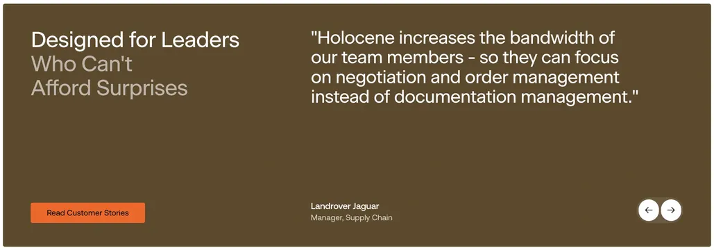 Holocene dark testimonial carousel split, minimal, dark-mode, dark